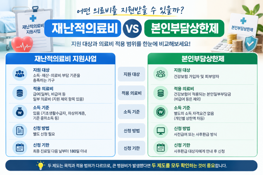 재난적의료비와 본인부담상한제 비교 인포그래픽