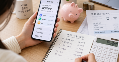 통신비 절약을 위해 휴대폰 요금과 가계 지출을 확인하는 모습