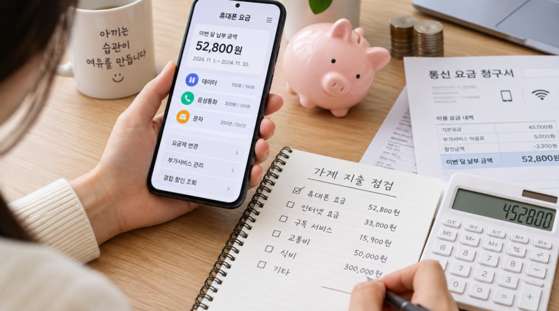 통신비 절약을 위해 휴대폰 요금과 가계 지출을 확인하는 모습